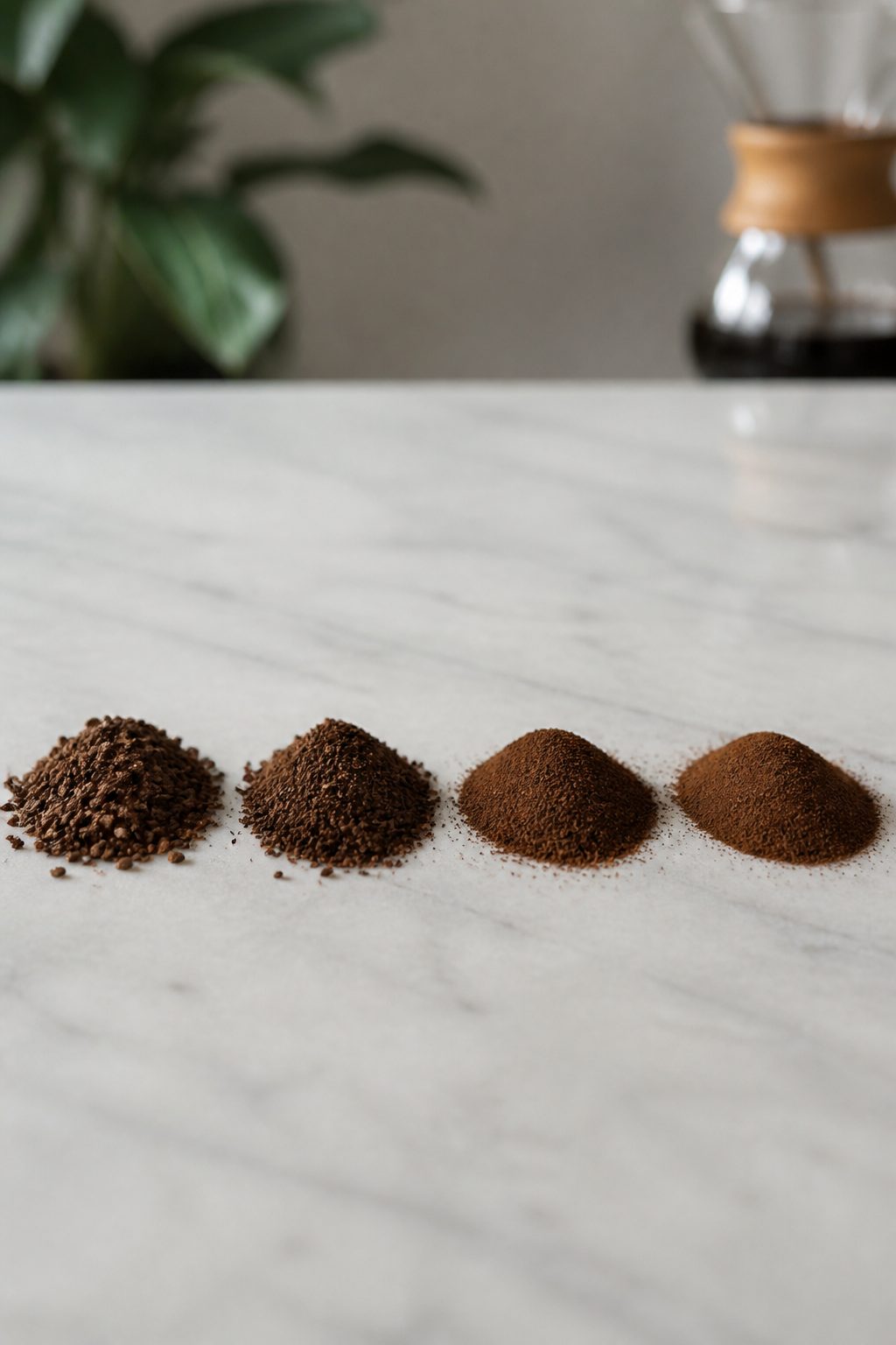 Four small piles of ground coffee showing extra coarse, coarse, medium and fine grind sizes side by side