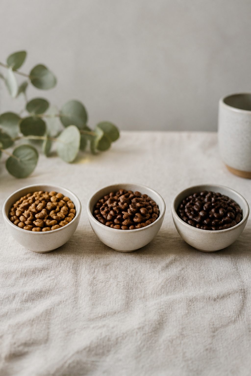 Three small bowls of coffee beans showing light, medium and dark roast side by side