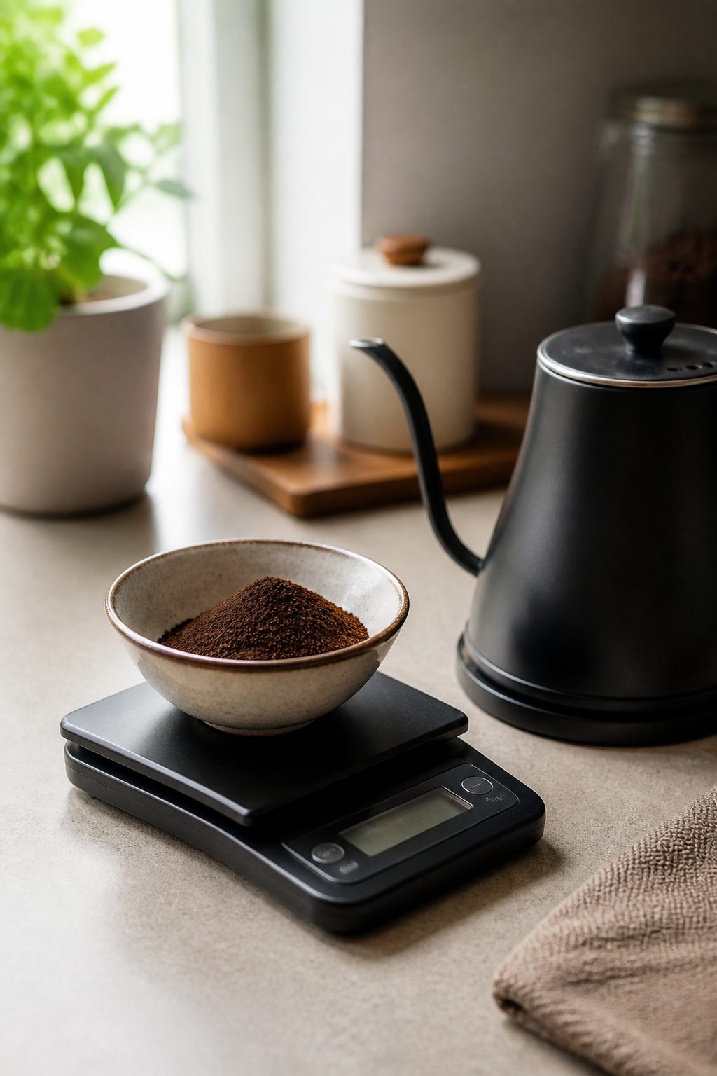 A small glass jar of deep red saffron threads open on a dark wooden kitchen counter, with a few threads resting on a white ceramic spoon, lit by soft morning window light from the left.